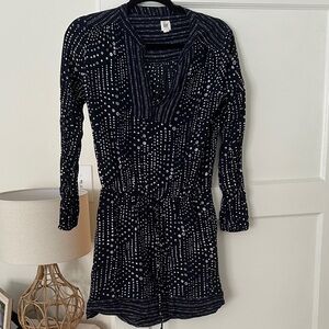 GAP Navy and White Printed Cinch Waist Long Sleeve Dress